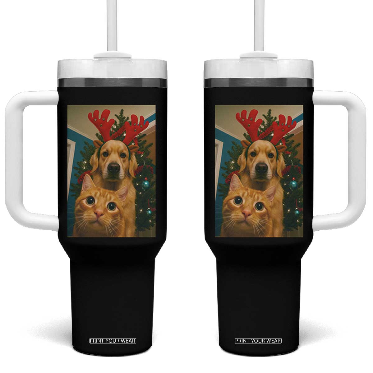Funny Cat With Dog Selfie Christmas Tumbler With Handle Pet Lover Xmas Gift TS14 One Size: 40 oz Black Print Your Wear