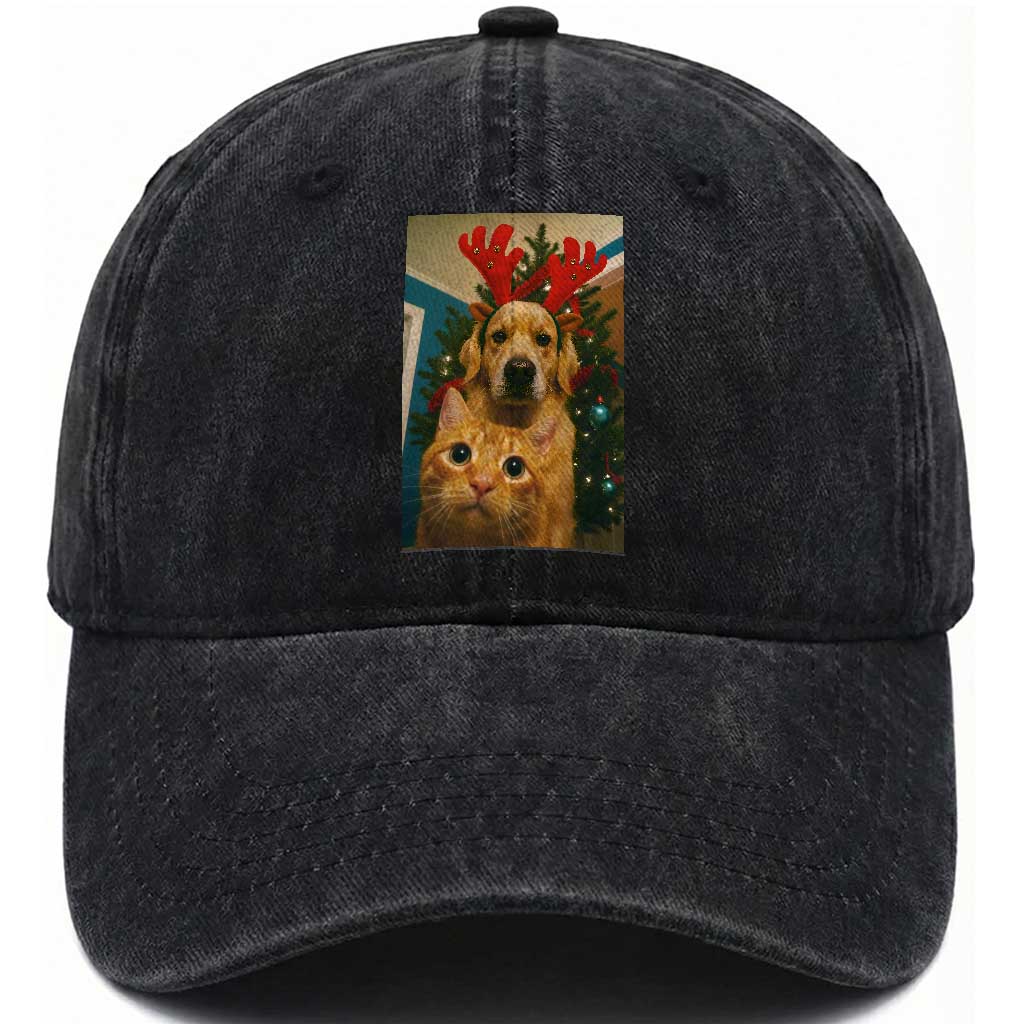 Funny Cat With Dog Selfie Christmas Washed Cotton Baseball Cap Pet Lover Xmas Gift TS14 Washed Cap Universal Fit Black Print Your Wear