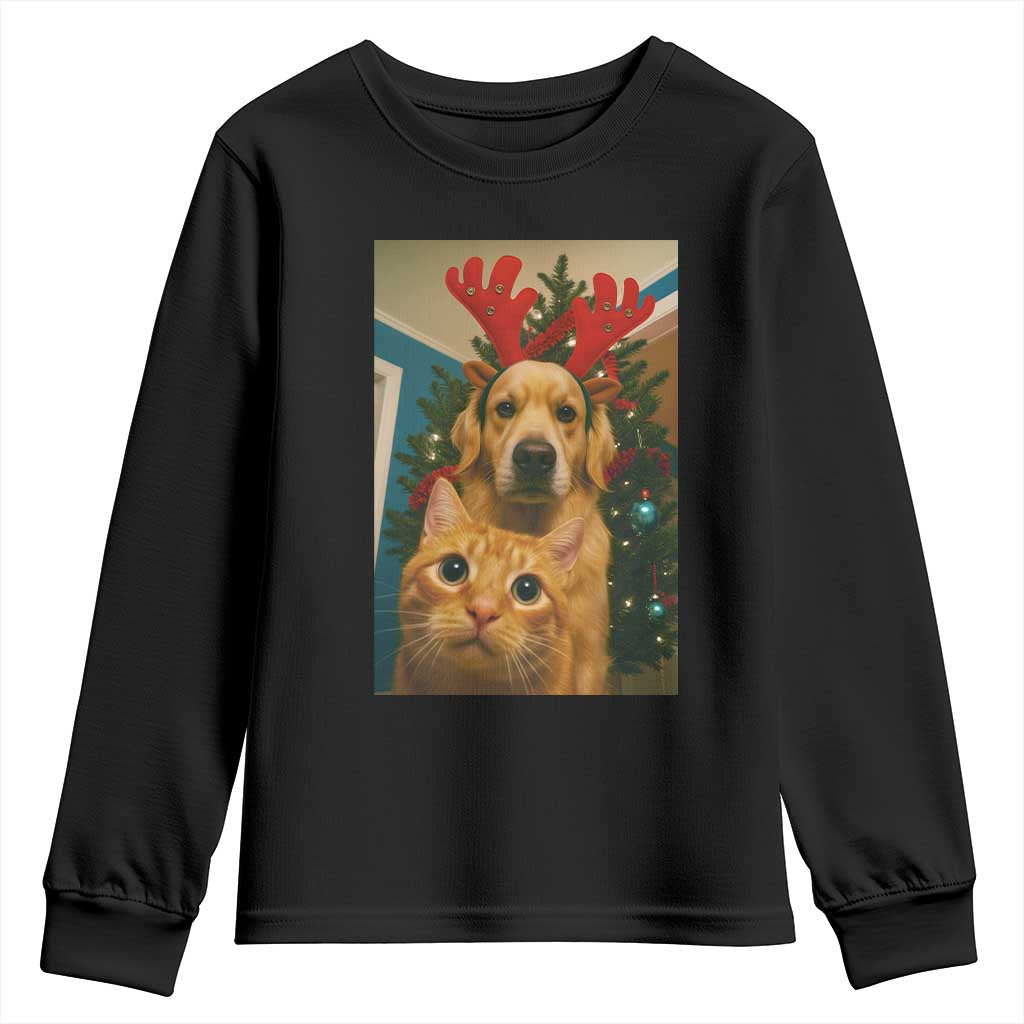 Funny Cat With Dog Selfie Christmas Youth Sweatshirt Pet Lover Xmas Gift TS14 Black Print Your Wear