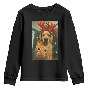 Funny Cat With Dog Selfie Christmas Youth Sweatshirt Pet Lover Xmas Gift TS14 Black Print Your Wear