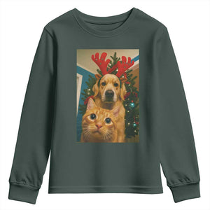 Funny Cat With Dog Selfie Christmas Youth Sweatshirt Pet Lover Xmas Gift TS14 Dark Forest Green Print Your Wear