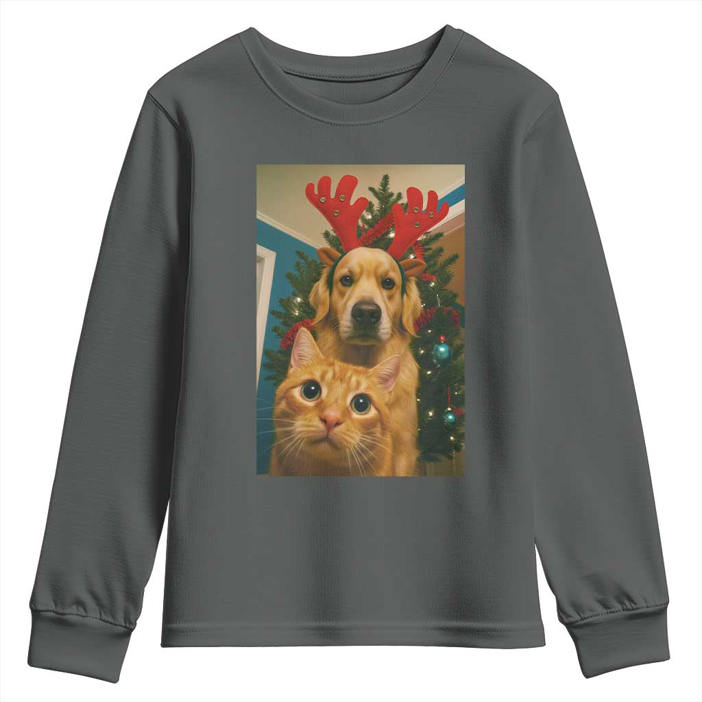 Funny Cat With Dog Selfie Christmas Youth Sweatshirt Pet Lover Xmas Gift TS14 Dark Heather Print Your Wear