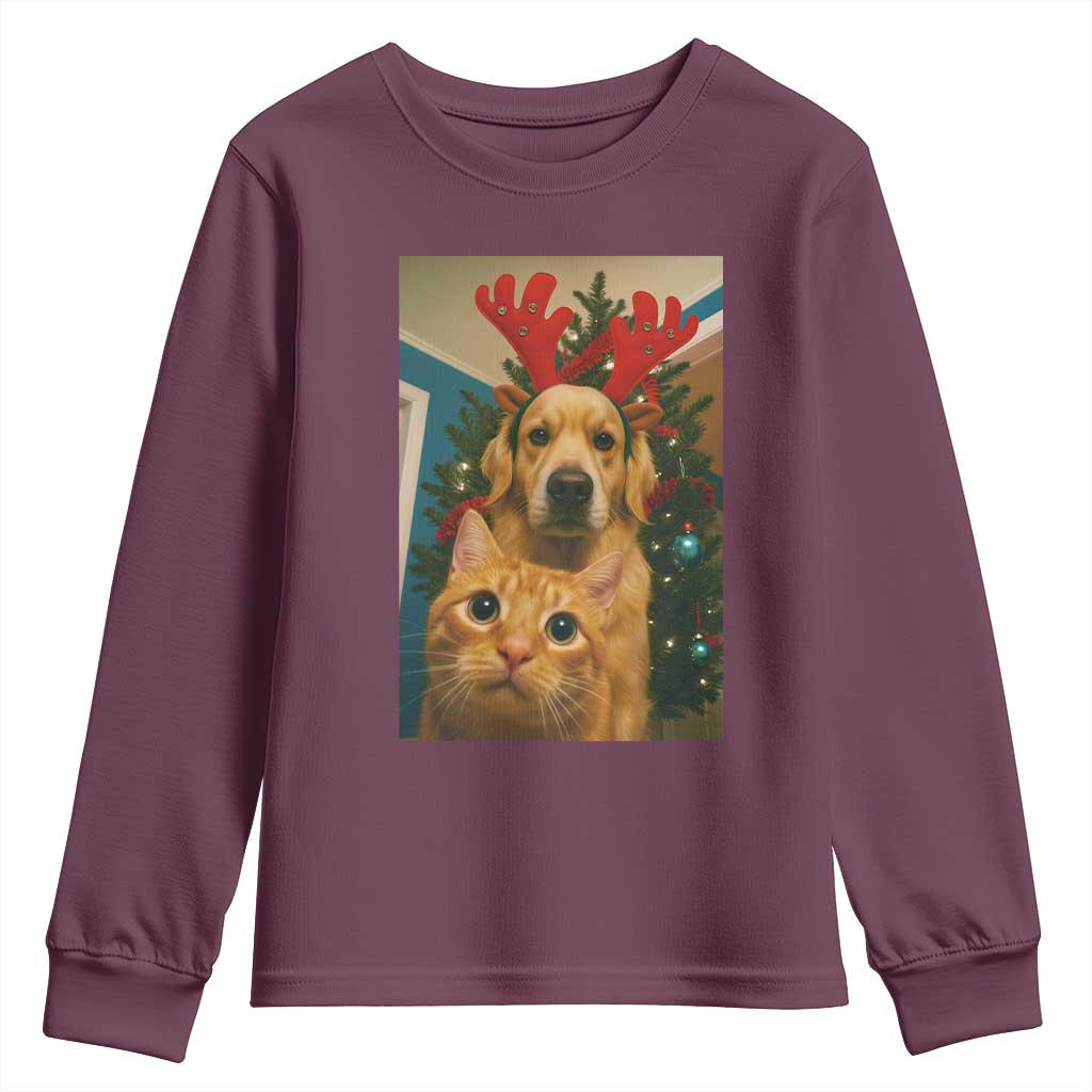 Funny Cat With Dog Selfie Christmas Youth Sweatshirt Pet Lover Xmas Gift TS14 Maroon Print Your Wear