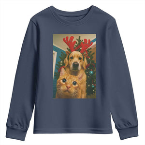 Funny Cat With Dog Selfie Christmas Youth Sweatshirt Pet Lover Xmas Gift TS14 Navy Print Your Wear