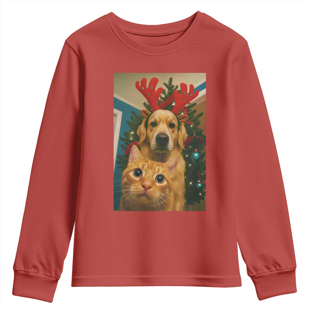 Funny Cat With Dog Selfie Christmas Youth Sweatshirt Pet Lover Xmas Gift TS14 Red Print Your Wear