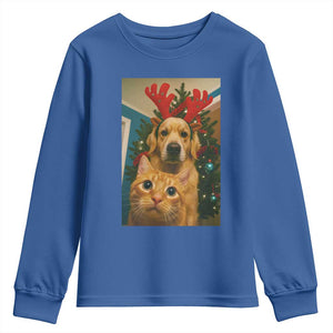 Funny Cat With Dog Selfie Christmas Youth Sweatshirt Pet Lover Xmas Gift TS14 Royal Blue Print Your Wear