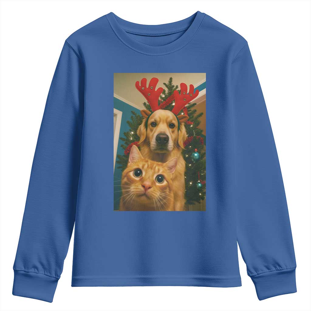 Funny Cat With Dog Selfie Christmas Youth Sweatshirt Pet Lover Xmas Gift TS14 Royal Blue Print Your Wear