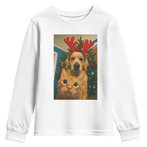 Funny Cat With Dog Selfie Christmas Youth Sweatshirt Pet Lover Xmas Gift TS14 White Print Your Wear