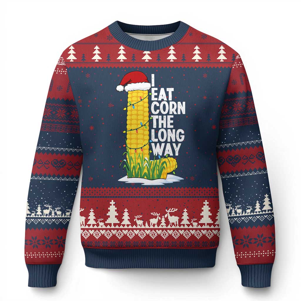 I Eat Corn The Long Way Ugly Christmas Sweater Funny Corn Adult Humor Christmas TS14 Navy Red Print Your Wear