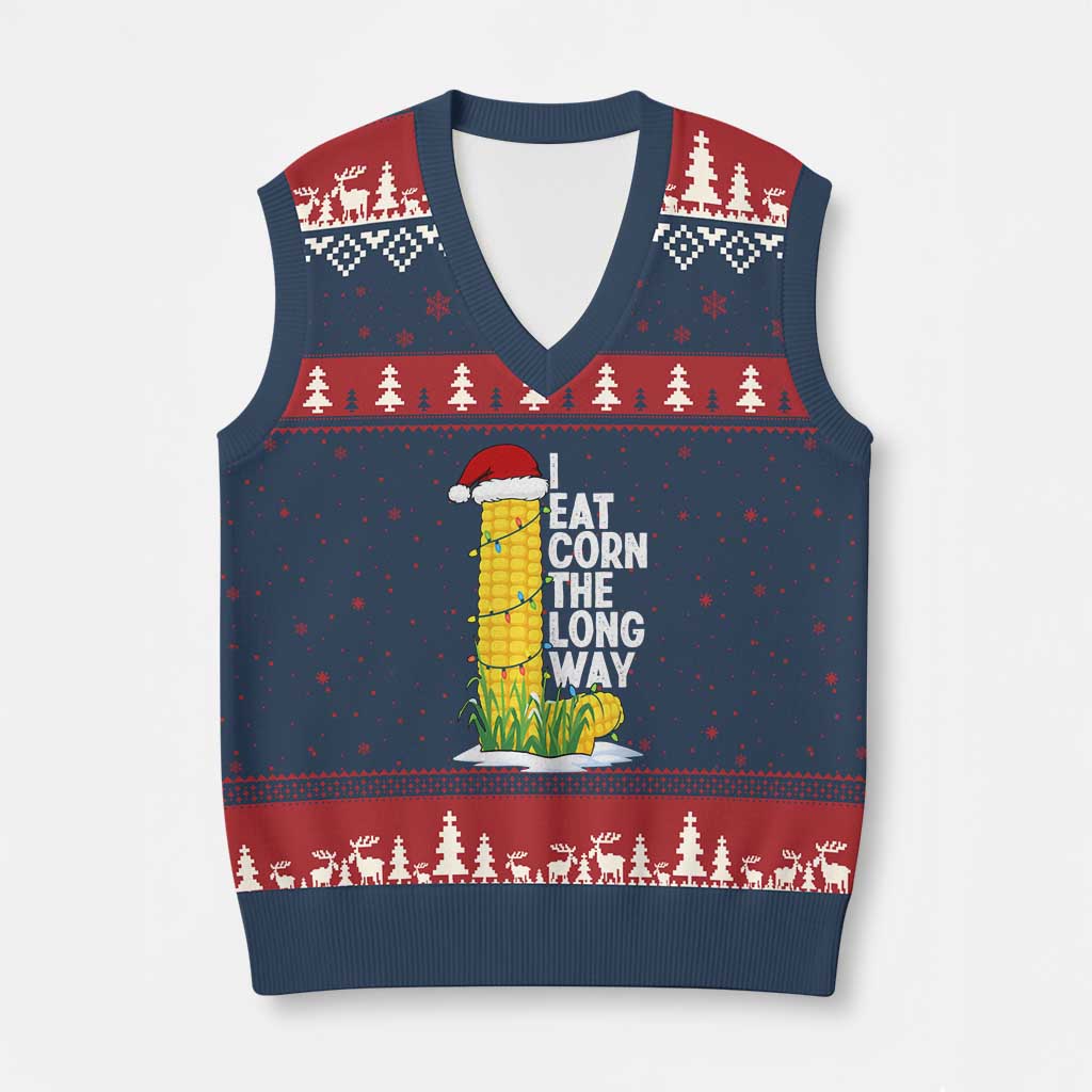 I Eat Corn The Long Way V-Neck Knit Sweater Vest Funny Corn Adult Humor Christmas TS14 Navy Red Print Your Wear