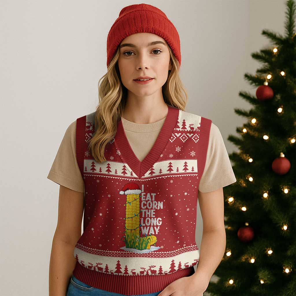 I Eat Corn The Long Way V-Neck Knit Sweater Vest Funny Corn Adult Humor Christmas TS14 Red Beige Print Your Wear