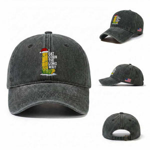 I Eat Corn The Long Way Washed Cotton Baseball Cap Funny Corn Adult Humor Christmas TS14 Washed Cap Universal Fit Dark Green Print Your Wear