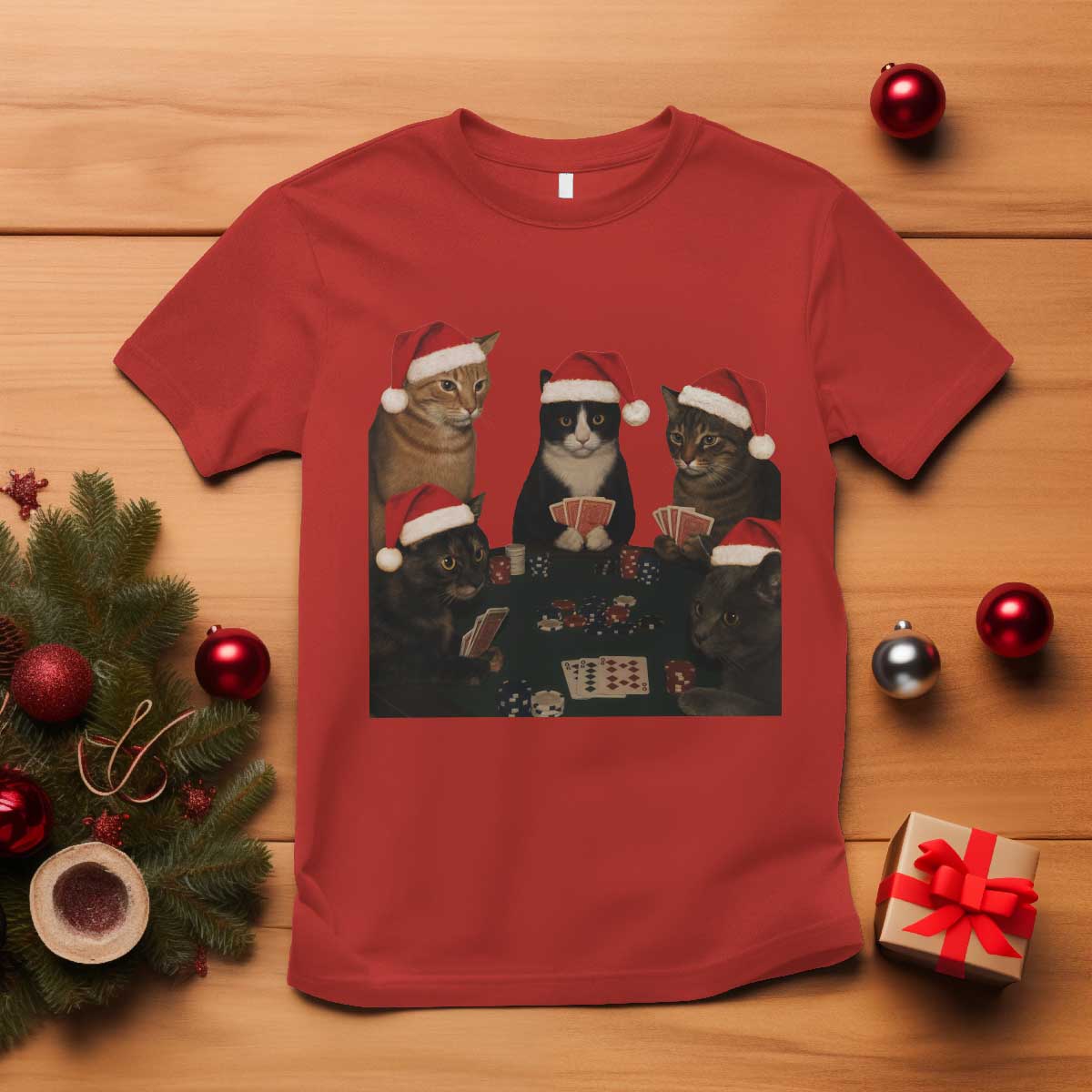 Poker Cats Christmas Meme Shirt T Shirt Funny Gambling Cat TS14 Red Print Your Wear
