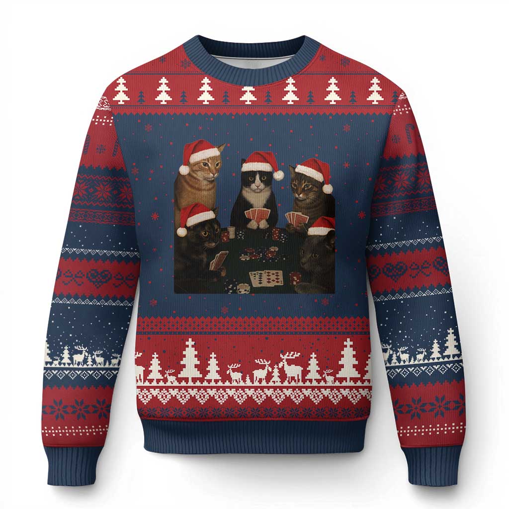 Poker Cats Christmas Meme Shirt Ugly Christmas Sweater Funny Gambling Cat TS14 Navy Red Print Your Wear