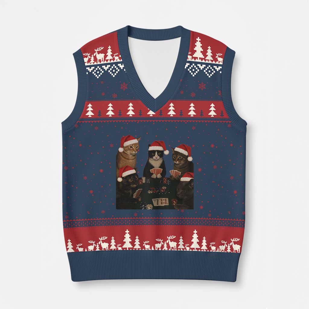 Poker Cats Christmas Meme Shirt V-Neck Knit Sweater Vest Funny Gambling Cat TS14 Navy Red Print Your Wear