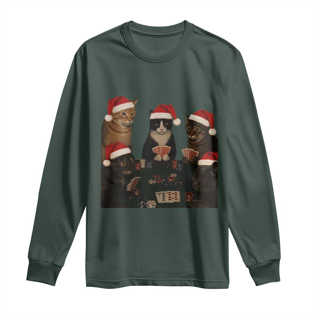 Poker Cats Christmas Meme Shirt Long Sleeve Shirt Funny Gambling Cat TS14 Dark Forest Green Print Your Wear