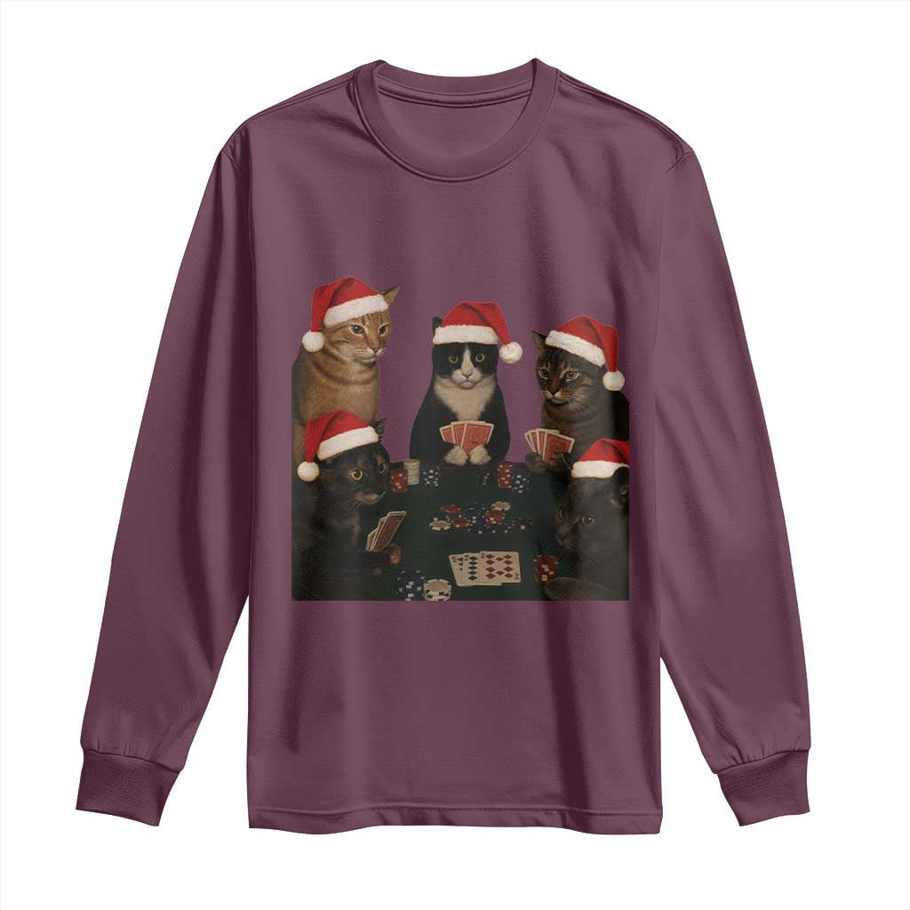 Poker Cats Christmas Meme Shirt Long Sleeve Shirt Funny Gambling Cat TS14 Maroon Print Your Wear