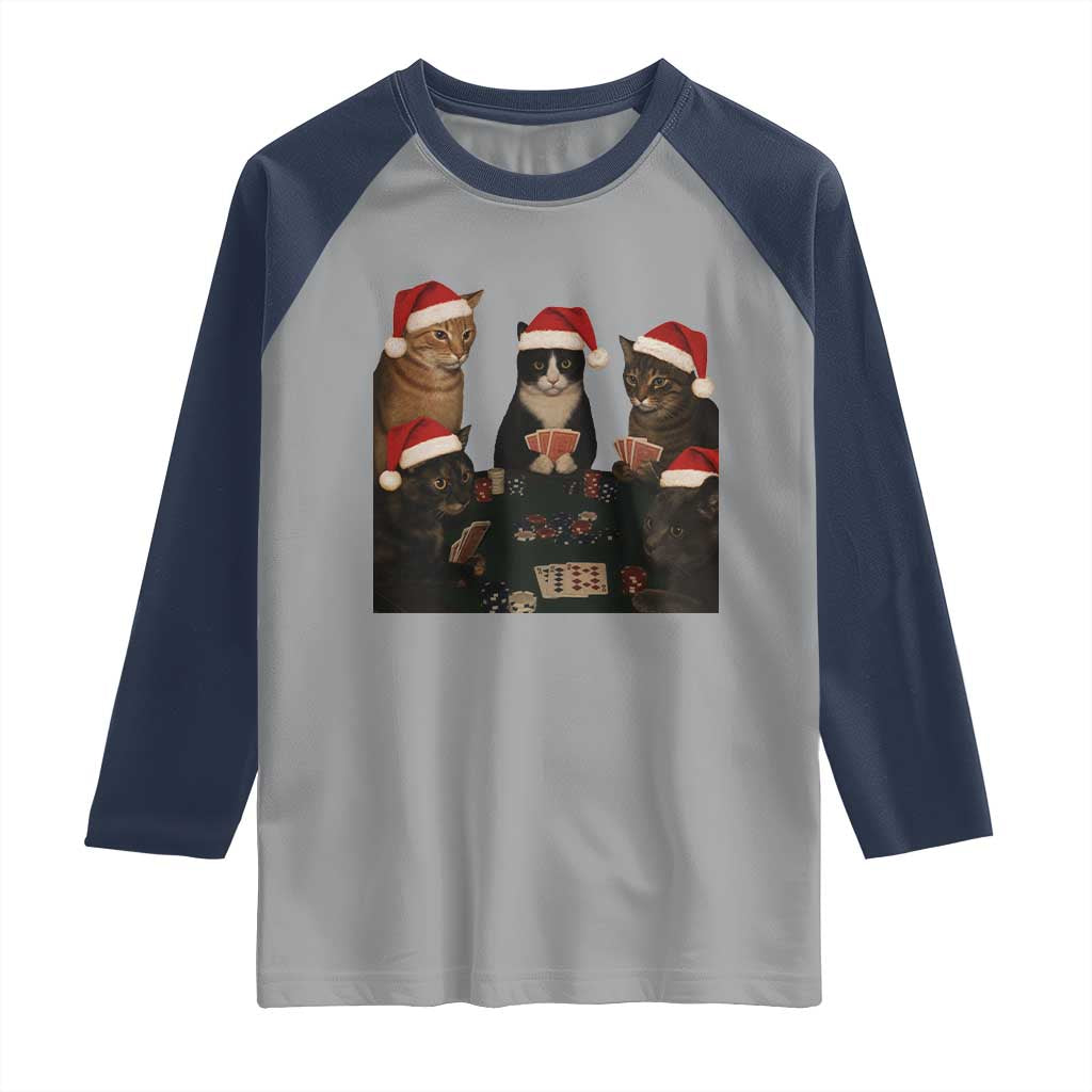 Poker Cats Christmas Meme Shirt Raglan Shirt Funny Gambling Cat TS14 Sport Gray Navy Print Your Wear