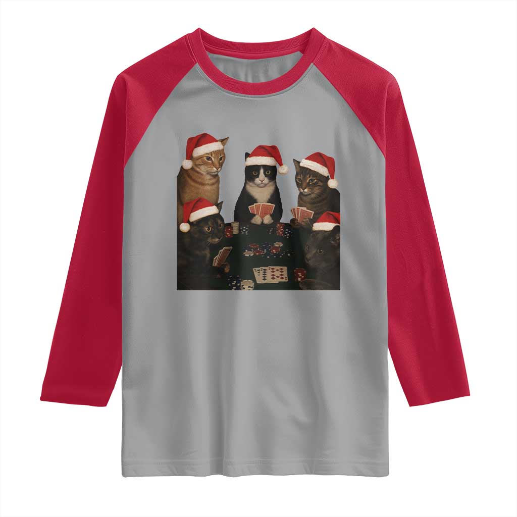 Poker Cats Christmas Meme Shirt Raglan Shirt Funny Gambling Cat TS14 Sport Gray Red Print Your Wear