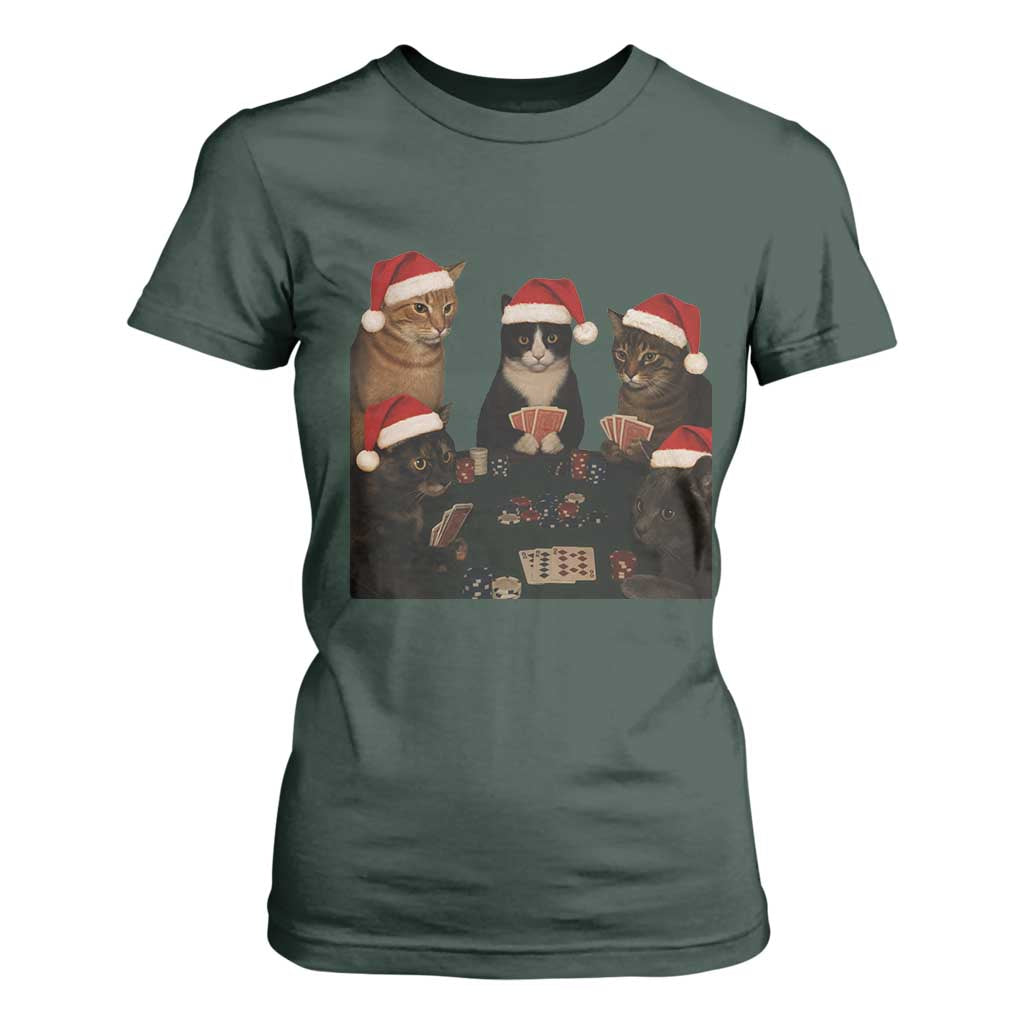 Poker Cats Christmas Meme Shirt T Shirt For Women Funny Gambling Cat TS14 Dark Forest Green Print Your Wear