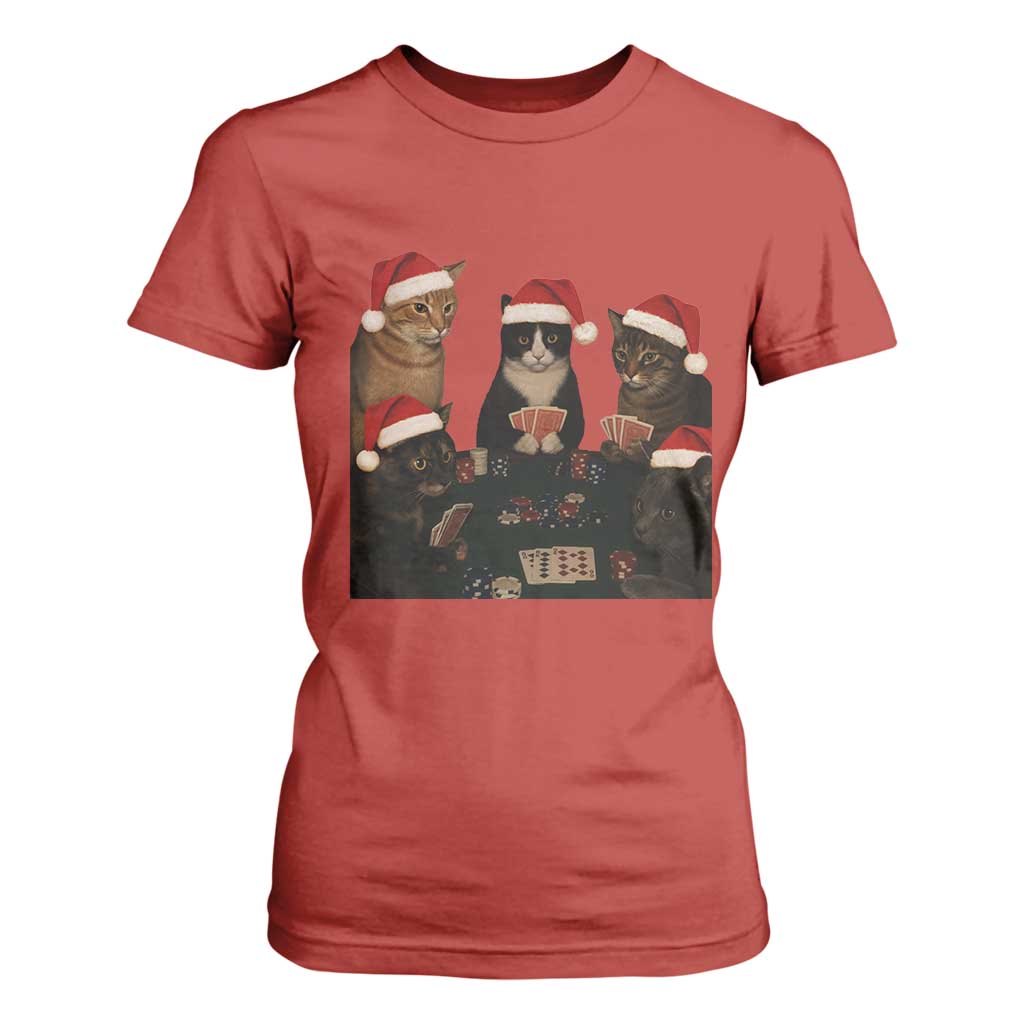 Poker Cats Christmas Meme Shirt T Shirt For Women Funny Gambling Cat TS14 Red Print Your Wear