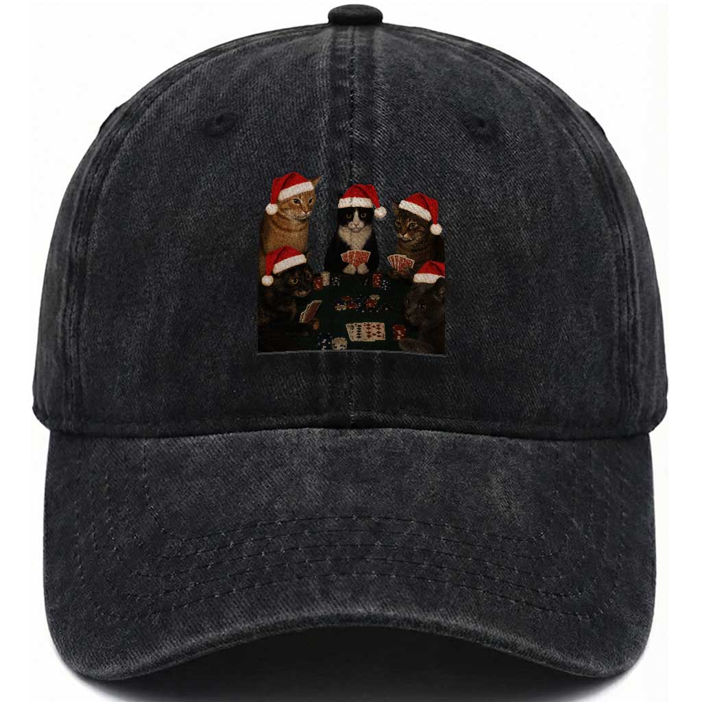 Poker Cats Christmas Meme Shirt Washed Cotton Baseball Cap Funny Gambling Cat TS14 Washed Cap Universal Fit Black Print Your Wear