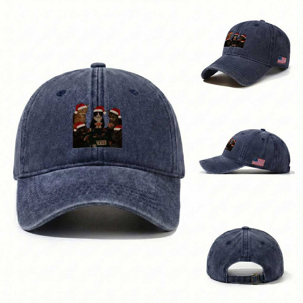 Poker Cats Christmas Meme Shirt Washed Cotton Baseball Cap Funny Gambling Cat TS14 Washed Cap Universal Fit Navy Print Your Wear