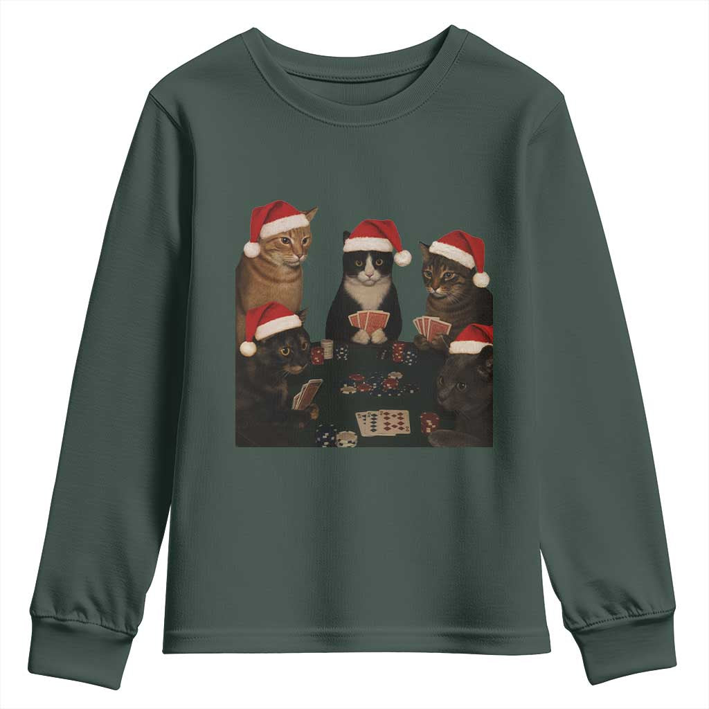 Poker Cats Christmas Meme Shirt Youth Sweatshirt Funny Gambling Cat TS14 Dark Forest Green Print Your Wear