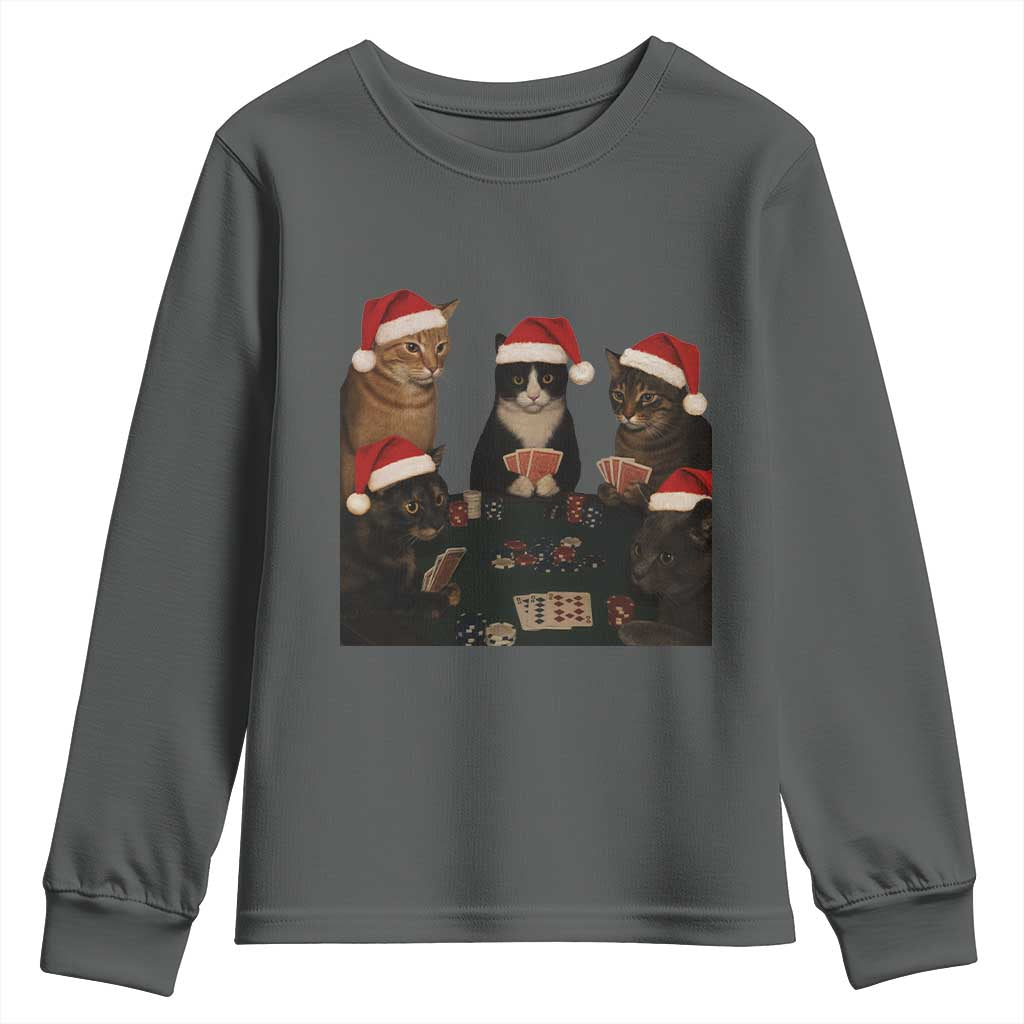 Poker Cats Christmas Meme Shirt Youth Sweatshirt Funny Gambling Cat TS14 Dark Heather Print Your Wear
