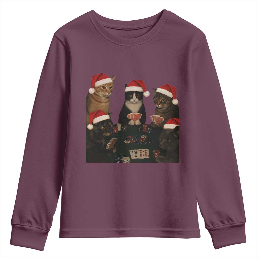 Poker Cats Christmas Meme Shirt Youth Sweatshirt Funny Gambling Cat TS14 Maroon Print Your Wear