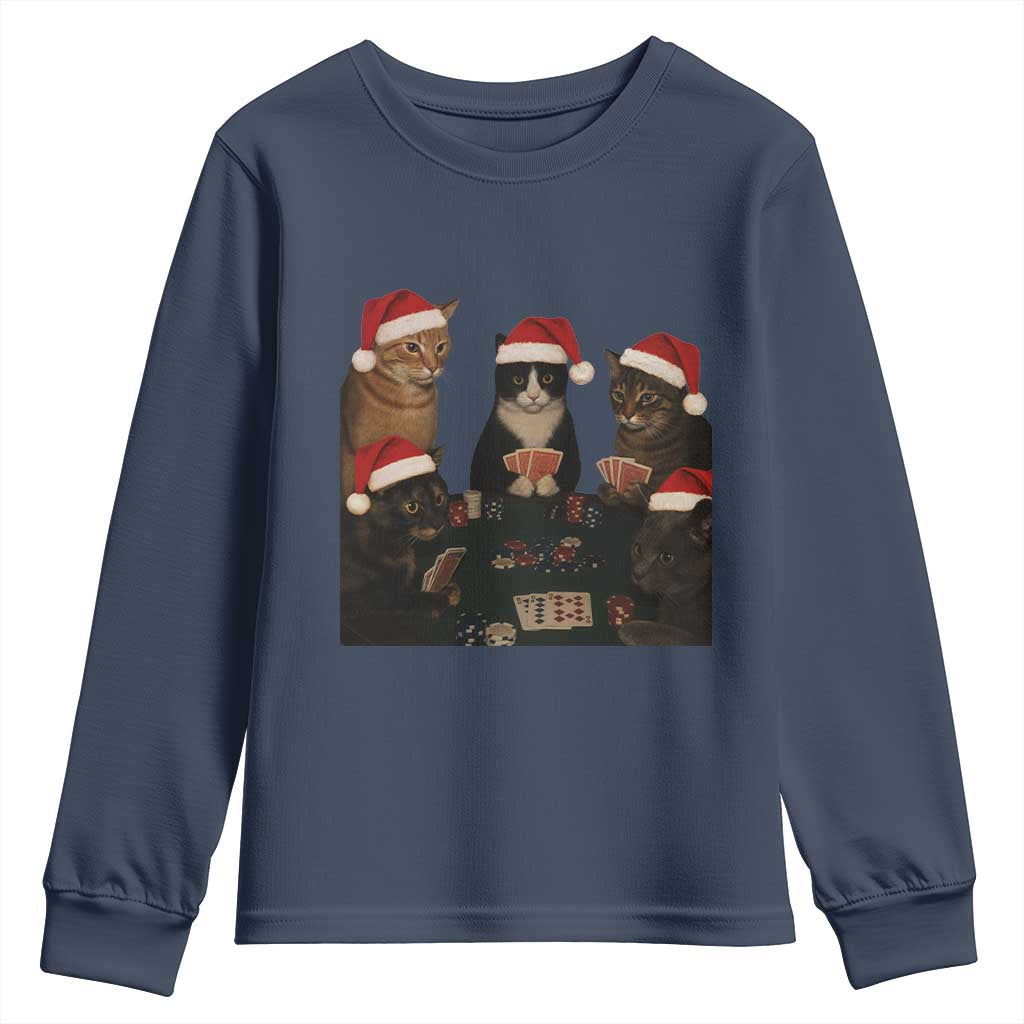 Poker Cats Christmas Meme Shirt Youth Sweatshirt Funny Gambling Cat TS14 Navy Print Your Wear
