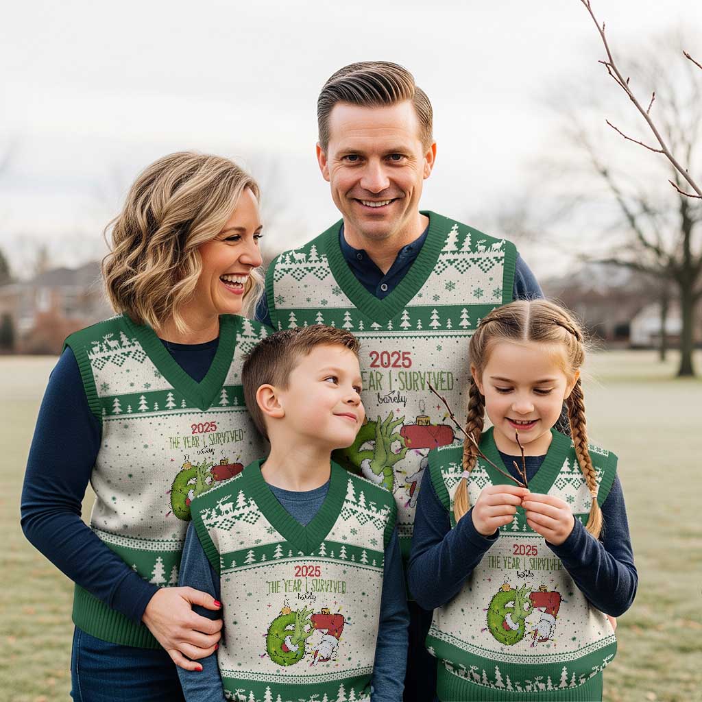 The Year I Survived 67 Six Seven Christmas Meme V-Neck Knit Sweater Vest TS14 Beige Green Print Your Wear