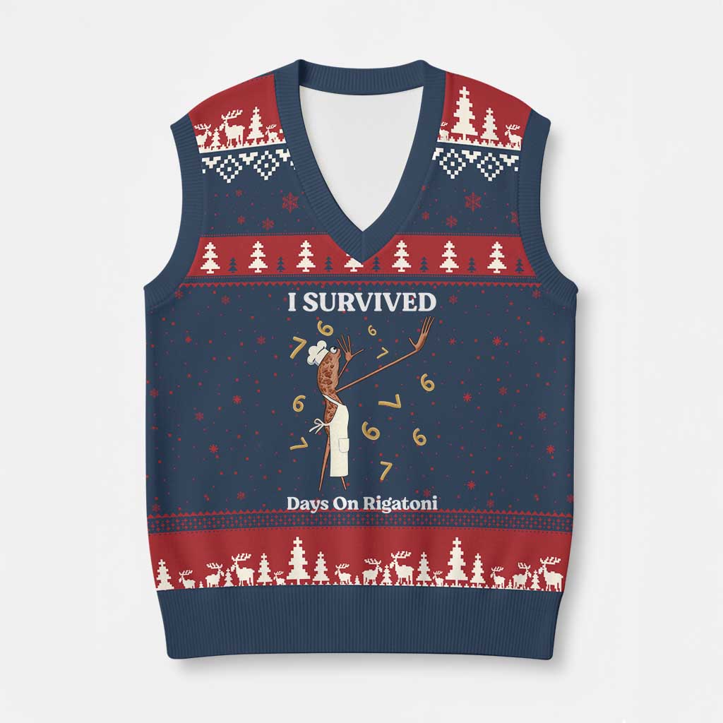 Marcus The Worm Meme V-Neck Knit Sweater Vest I Survived 67 Days On Rigatoni TS14 Navy Red Print Your Wear