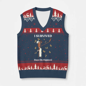 Marcus The Worm Meme V-Neck Knit Sweater Vest I Survived 67 Days On Rigatoni TS14 Navy Red Print Your Wear