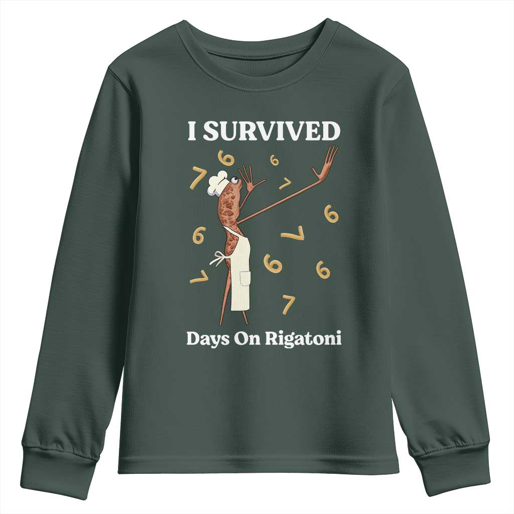 Marcus The Worm Meme Youth Sweatshirt I Survived 67 Days On Rigatoni TS14 Dark Forest Green Print Your Wear