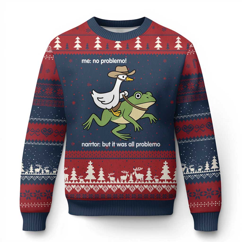 Cowboy Goose Meme Ugly Christmas Sweater Funny Frog Me No Problemo Narrator TS14 Navy Red Print Your Wear