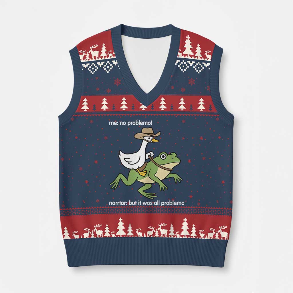 Cowboy Goose Meme V-Neck Knit Sweater Vest Funny Frog Me No Problemo Narrator TS14 Navy Red Print Your Wear