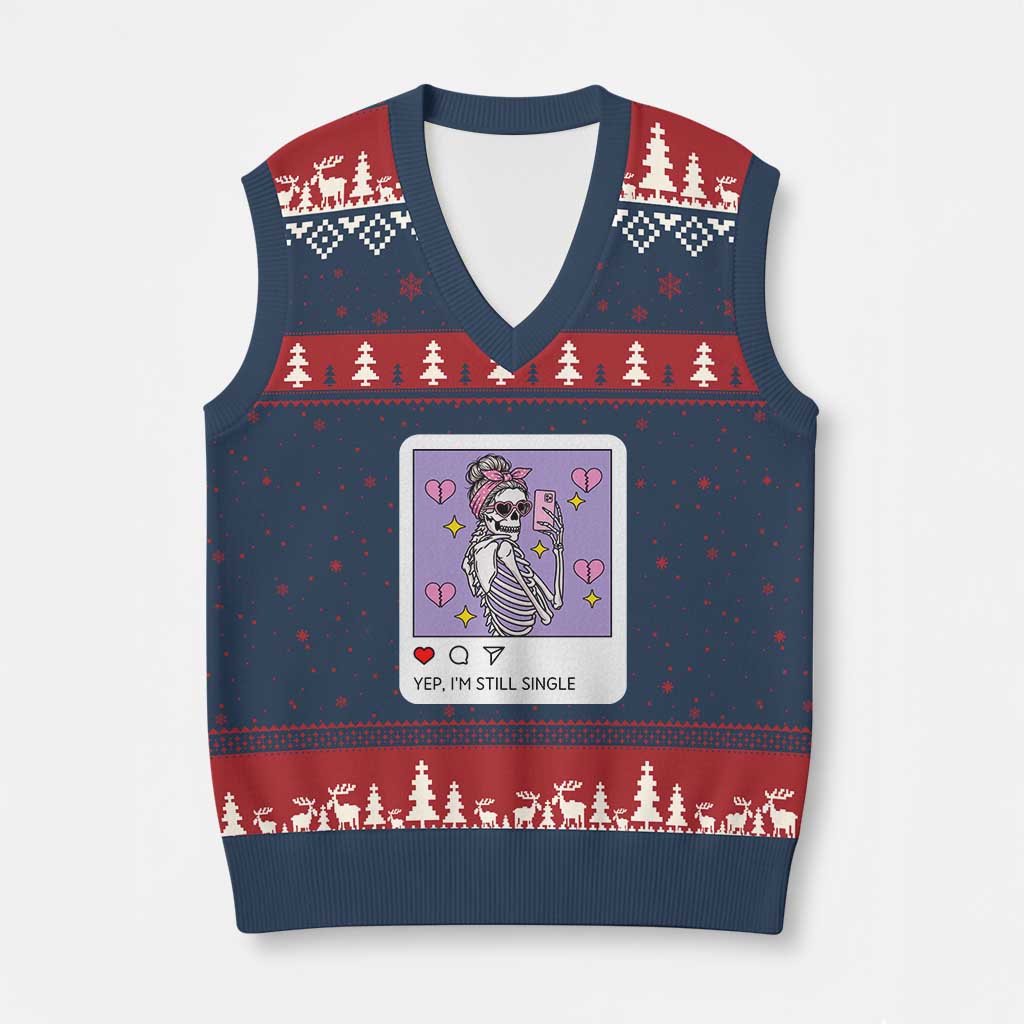 Anti Valentine V-Neck Knit Sweater Vest Funny Skeleton Selfie Meme TS14 Navy Red Print Your Wear