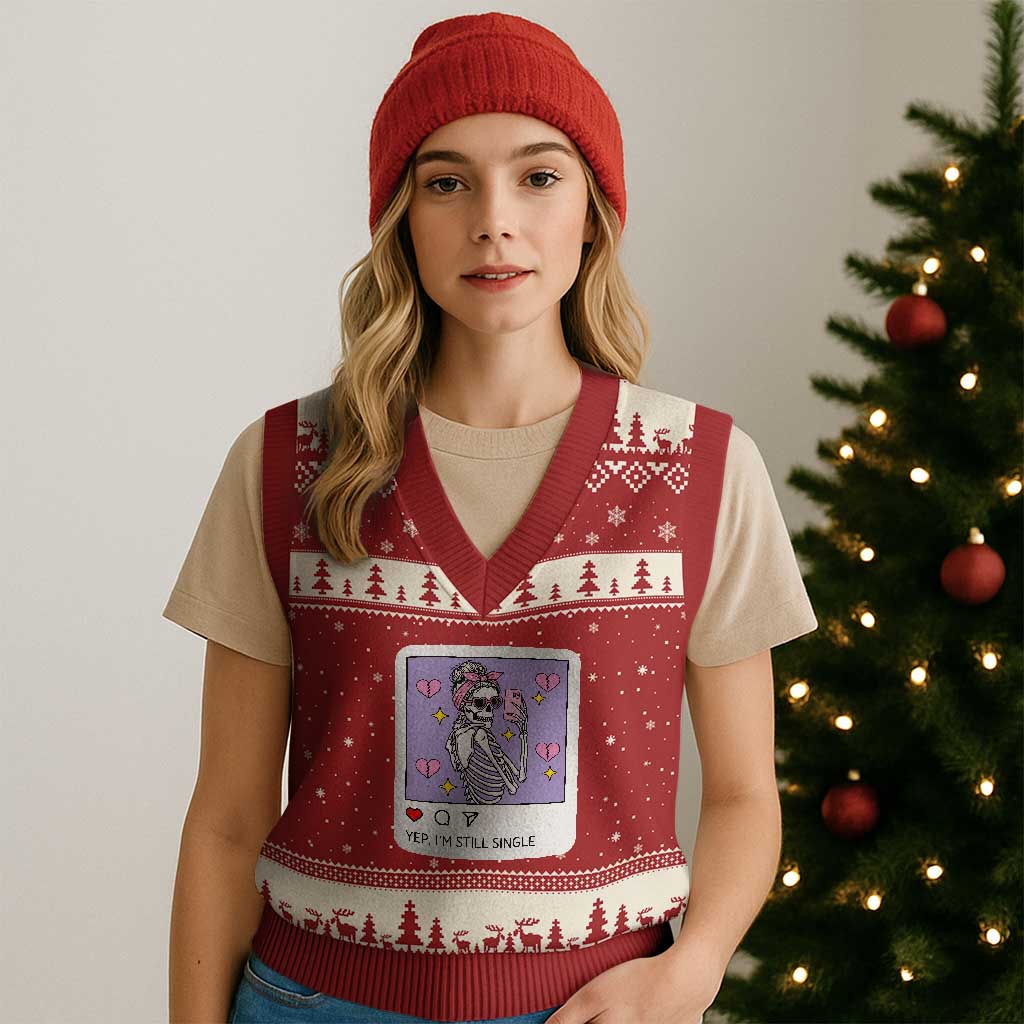 Anti Valentine V-Neck Knit Sweater Vest Funny Skeleton Selfie Meme TS14 Red Beige Print Your Wear