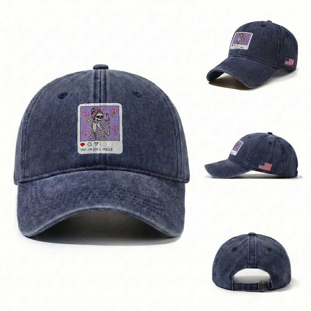 Anti Valentine Washed Cotton Baseball Cap Funny Skeleton Selfie Meme TS14 Washed Cap Universal Fit Navy Print Your Wear
