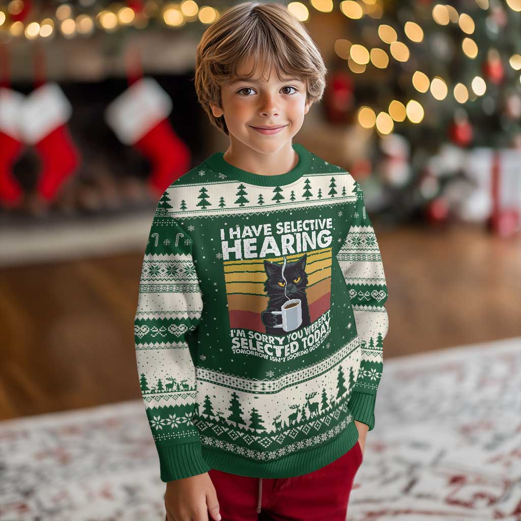 Funny Black Cat Meme Ugly Christmas Sweater I Have Selective Hearing You Were Not Selected Today TS14 Forest Green Beige Print Your Wear
