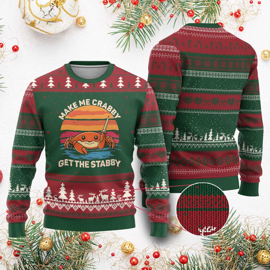 Funny Crab Meme Y2K Ugly Christmas Sweater Make Me Crabby Get The Stabby TS14 Red Green Print Your Wear