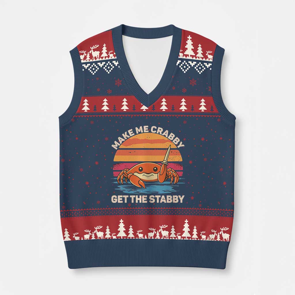 Funny Crab Meme Y2K V-Neck Knit Sweater Vest Make Me Crabby Get The Stabby TS14 Navy Red Print Your Wear