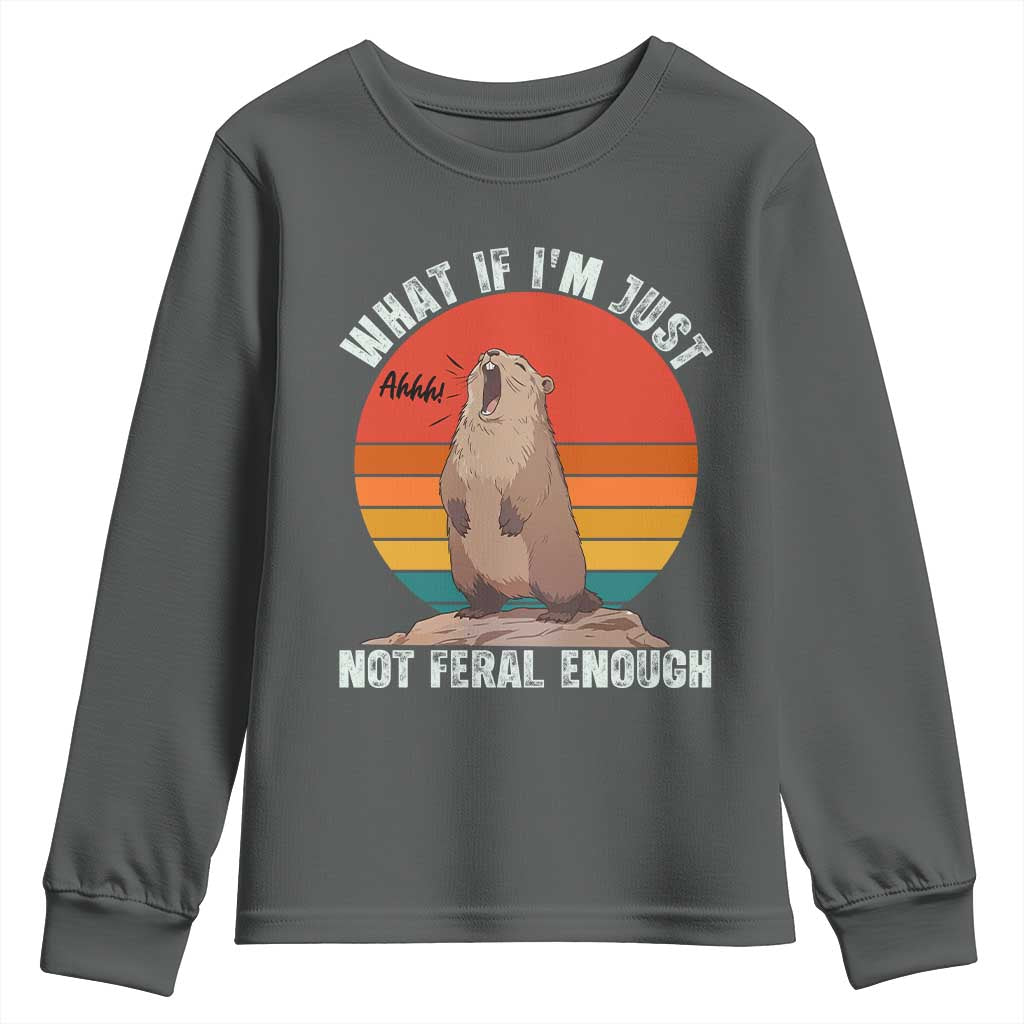 Funny Groundhog Meme Youth Sweatshirt What If I Am Just Not Feral Enough TS14 Dark Heather Print Your Wear