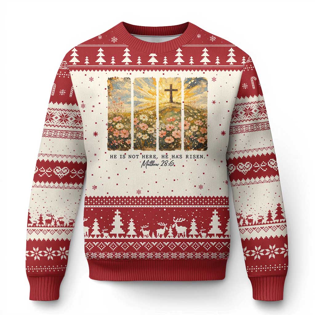 He Is Not Here He Is Risen Ugly Christmas Sweater Christian Easter Bible Verse TS14 Beige Red Print Your Wear