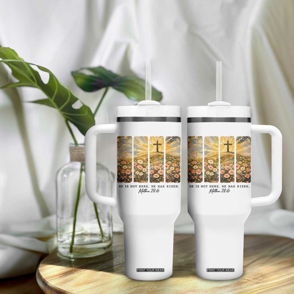 He Is Not Here He Is Risen Tumbler With Handle Christian Easter Bible Verse TS14 Print Your Wear