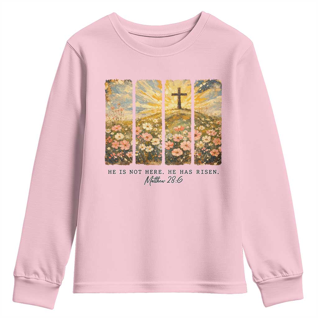 He Is Not Here He Is Risen Youth Sweatshirt Christian Easter Bible Verse TS14 Light Pink Print Your Wear