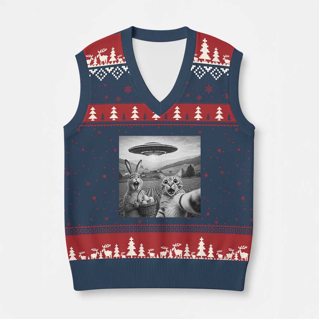 Funny Easter V-Neck Knit Sweater Vest Christian Cat Selfie Bunny Meme TS14 Navy Red Print Your Wear