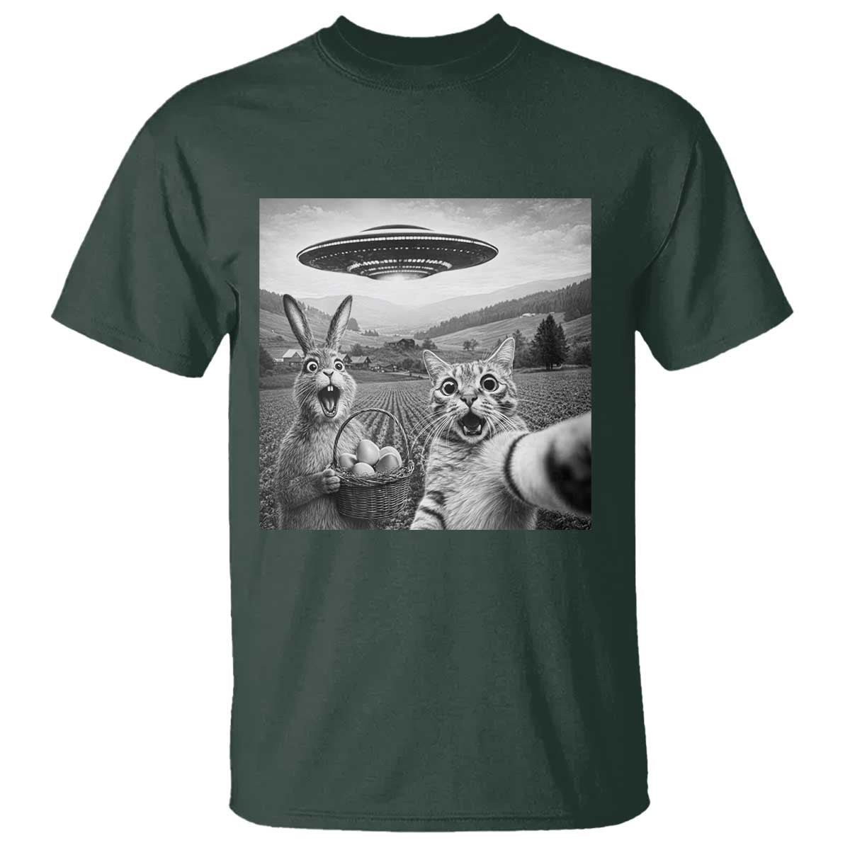 Funny Easter T Shirt Christian Cat Selfie Bunny Meme TS14 Dark Forest Green Print Your Wear