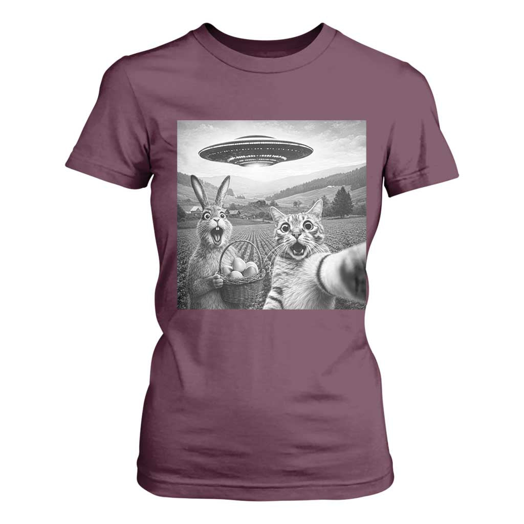 Funny Easter T Shirt For Women Christian Cat Selfie Bunny Meme TS14 Maroon Print Your Wear